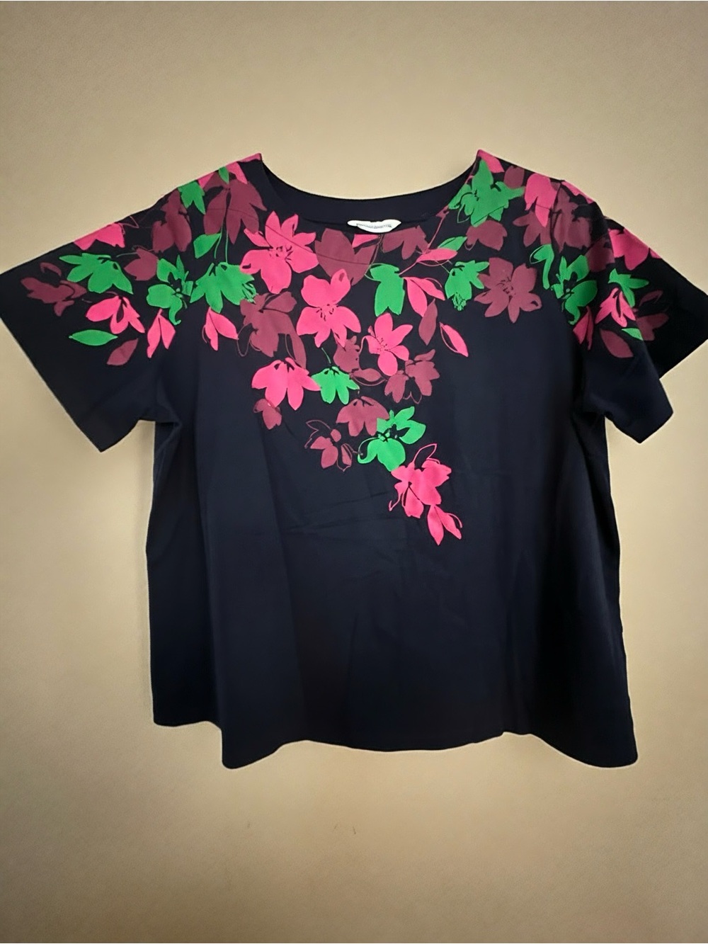 Liz Claiborne Navy Short-Sleeve Top with Pink & Green Floral Print